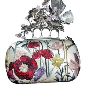 Alexander McQueen Floral Embroidered Clutch with Silver Handle